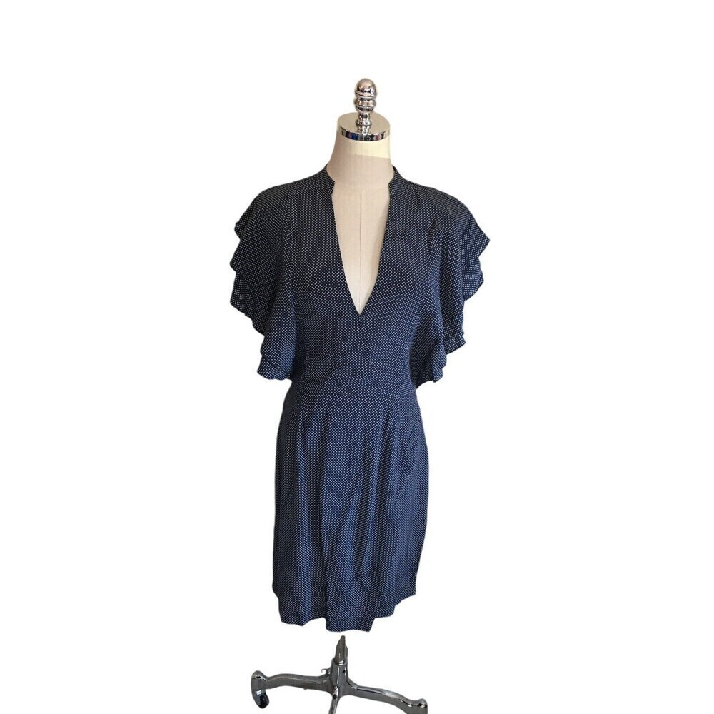 Avec Les Filles Dress Women's Size Small Blue White Spots Short Sleeve V-Neck